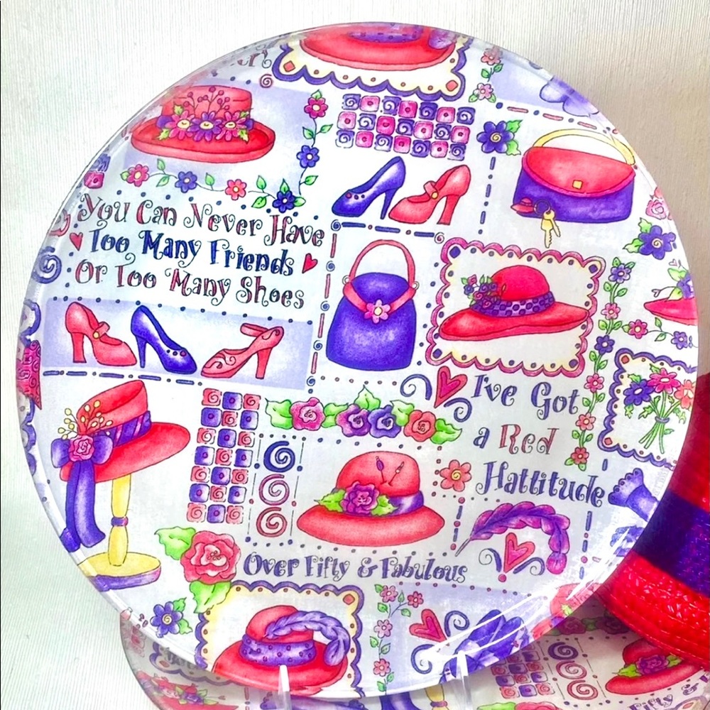 Red Hat Society Custom-Made 13” Round Glass Serving Platter + FREE Red Hat!